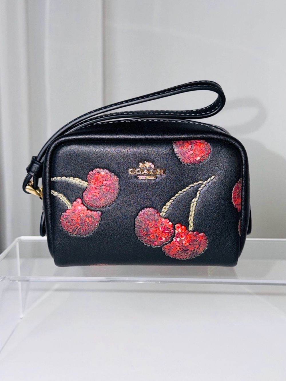 Coach Pouch Wristlet With Cherry Print (Style CDF01) - Black/Multi